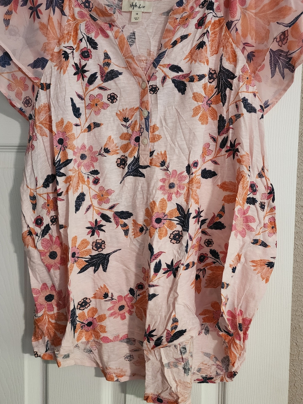 Style & Co. Pink Floral V-Neck Blouse